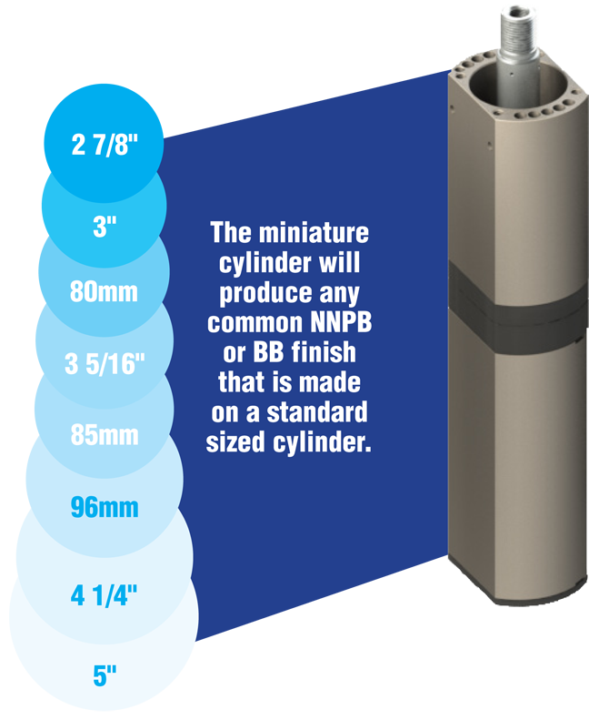 The miniature cylinder will produce any common NNPB or BB finish that is made on a standard sized cylinder.